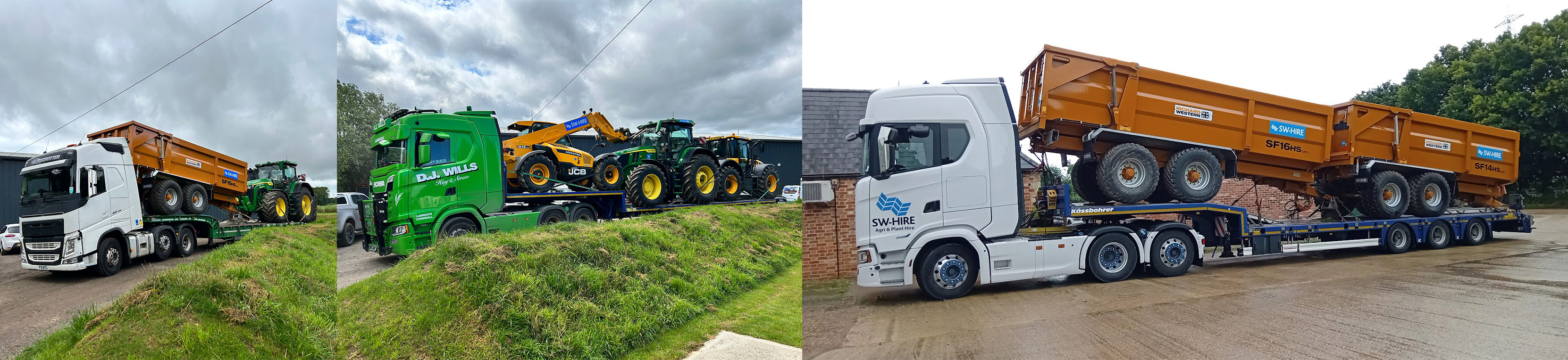 three lorries loaded with SW hire grain trailers, tractors and telehandler